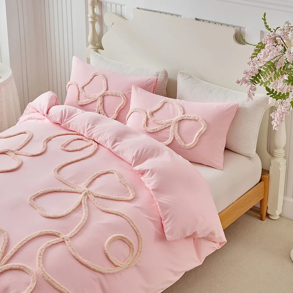 New Bow-knot Tufted Cut Flower Quilt Cover Set Queen Tufting Duvet Cover and Pillowcase Comfortable Skin-Friendly Blanket Covers