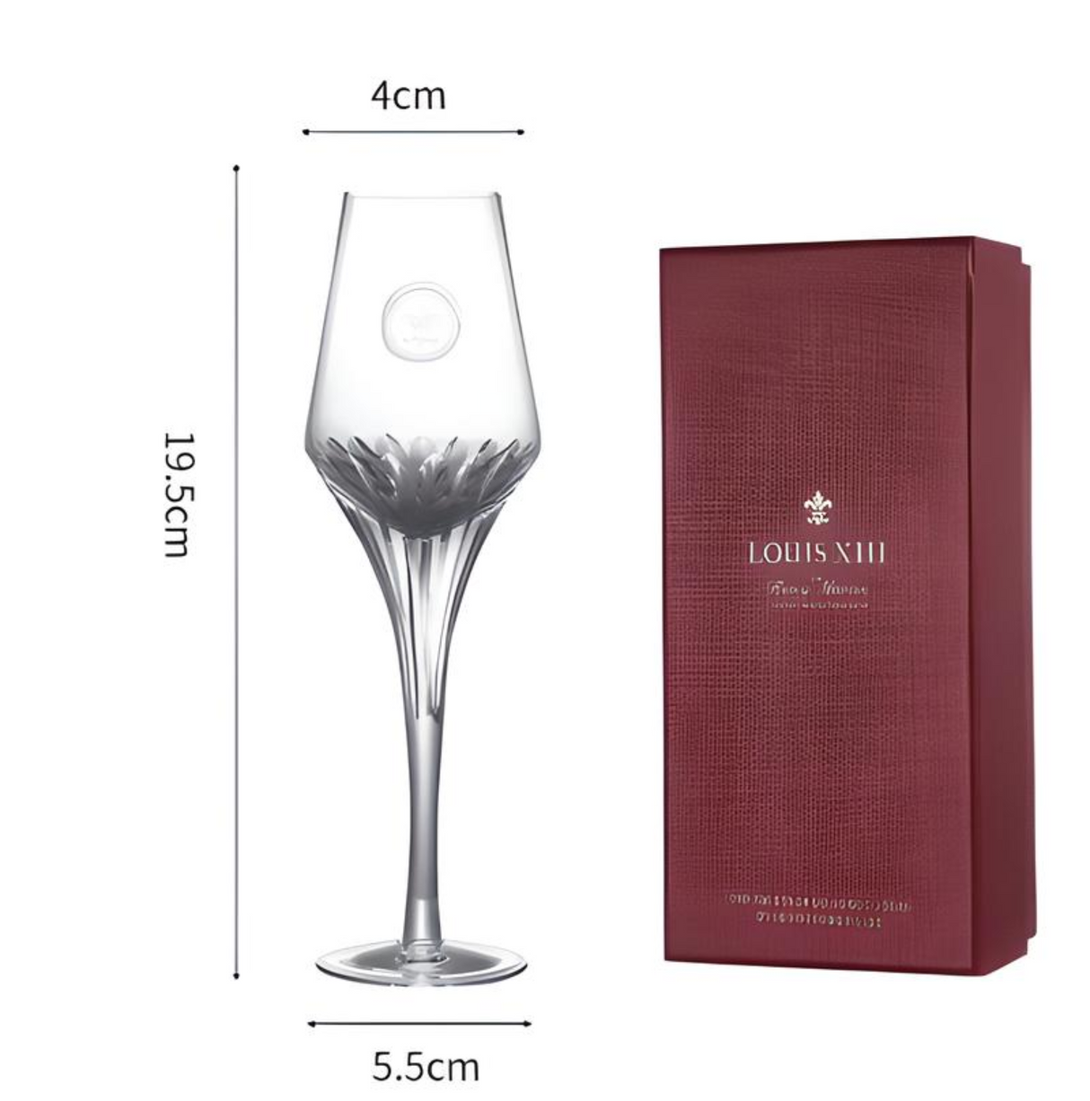 Crystal wine glass with dimensions and a branded box on a white background