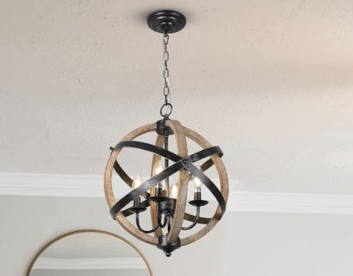 European Style Farmhouse Chandelier - 4-Light Adjustable Rustic Wood Fixture