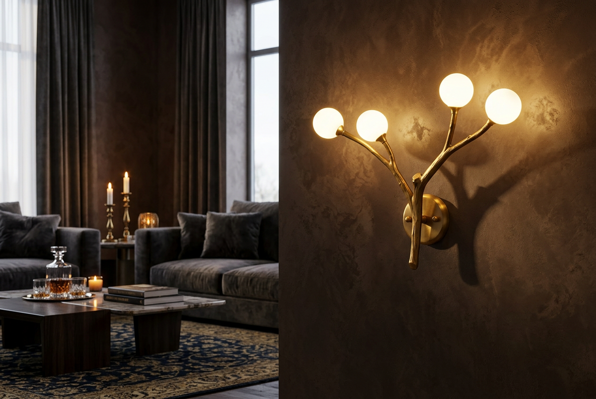 A 4-light wall sconce with a branch-like wooden structure and warm brass/gold wall mount, shown on a light gray background with Chinese product text and dimension arrows indicating 55 cm length, 30 cm wall distance, and 45 cm height.