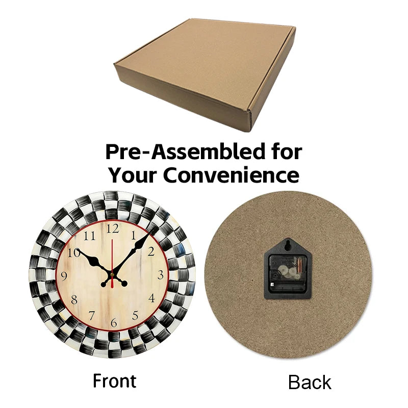 Elegant Black And White Grid Wooden Round Silent Wall Clock