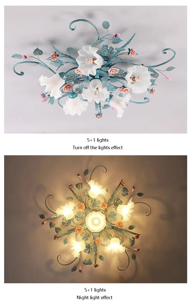 Romantic Rose Flower Ceiling Lamp - Pastoral Style Chandelier