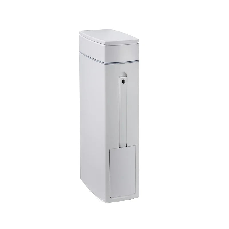 Space Saving Press Trash Can with Built In Toilet Brush Holder Durable Plastic Modern Minimalist Design for Small Bathroom Julia M Home & Kitchen