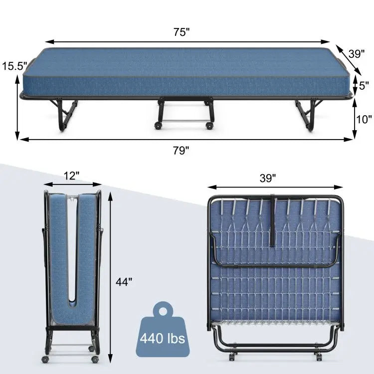 Italian Portable Folding Bed with Memory Foam Mattress & Metal Frame