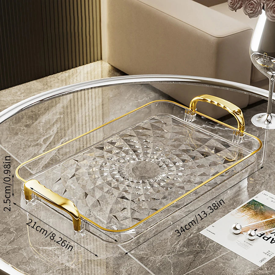 WORTHBUY Light Luxury Clear Serving Tray Plastic Fruit Dessert Tray With Handle Home Decorative Storage Tray Kitchen Organizer