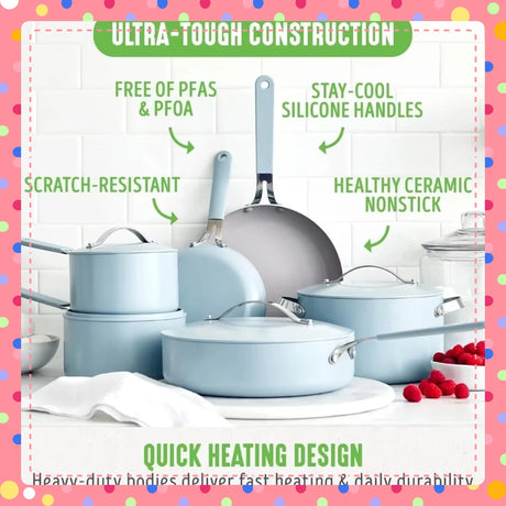 10-Piece Nonstick Ceramic Cookware Set, PFAS-Free Oven Safe Pots & Pans with Stay-Cool Handles & Glass Lids, Blue Haze