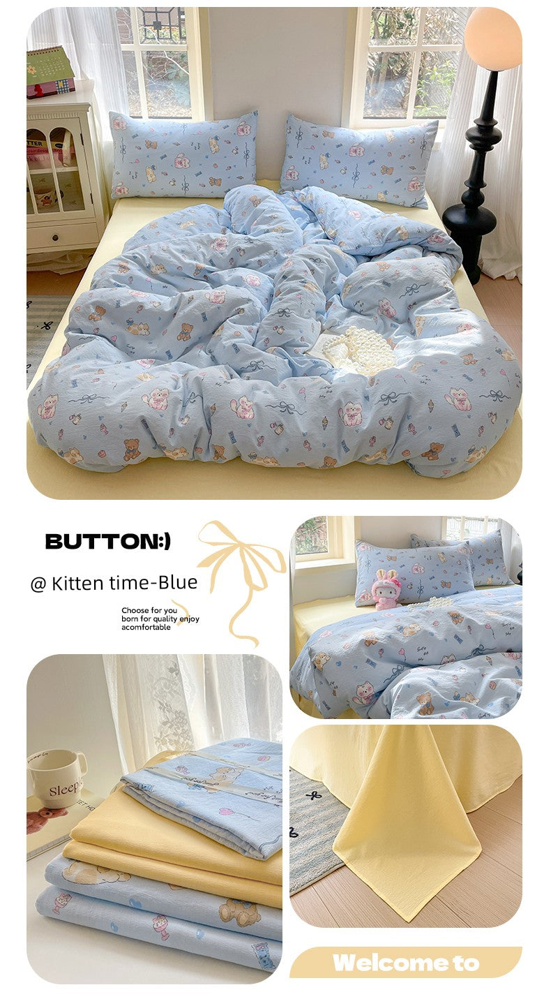 Young Adult Heart Double-Layer Yarn Bedding Four-Piece Set Washed Cotton Duvet Cover Dormitory Bed Single Student Three-Piece Set 4 Julia M LifeStyles