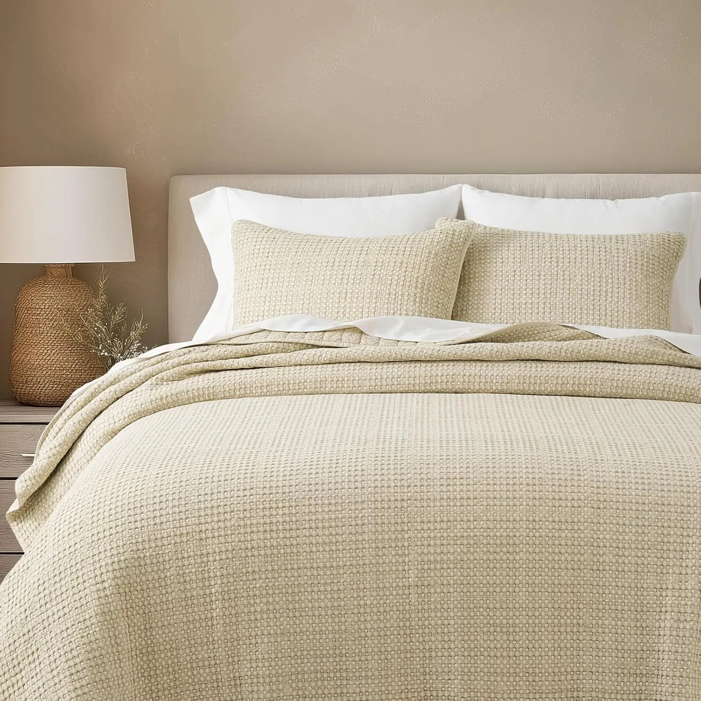 King Size 3-Piece Stonewashed Cotton Waffle Quilt Set, Durable & Lightweight for All Seasons with Box Stitch Design