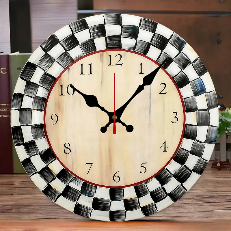 Elegant Black And White Grid Wooden Round Silent Wall Clock