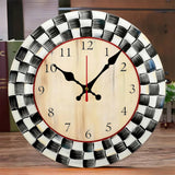 Elegant Black And White Grid Wooden Round Silent Wall Clock