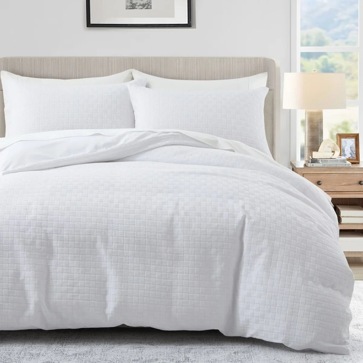 White Duvet Cover King Size - 2/3 Pieces Soft and Breathable Microfiber Knitted Jacquard Waffle Weave Striped Comforter Cover