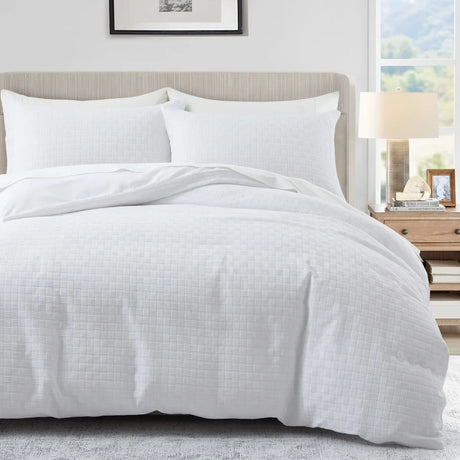 White Duvet Cover King Size - 2/3 Pieces Soft and Breathable Microfiber Knitted Jacquard Waffle Weave Striped Comforter Cover