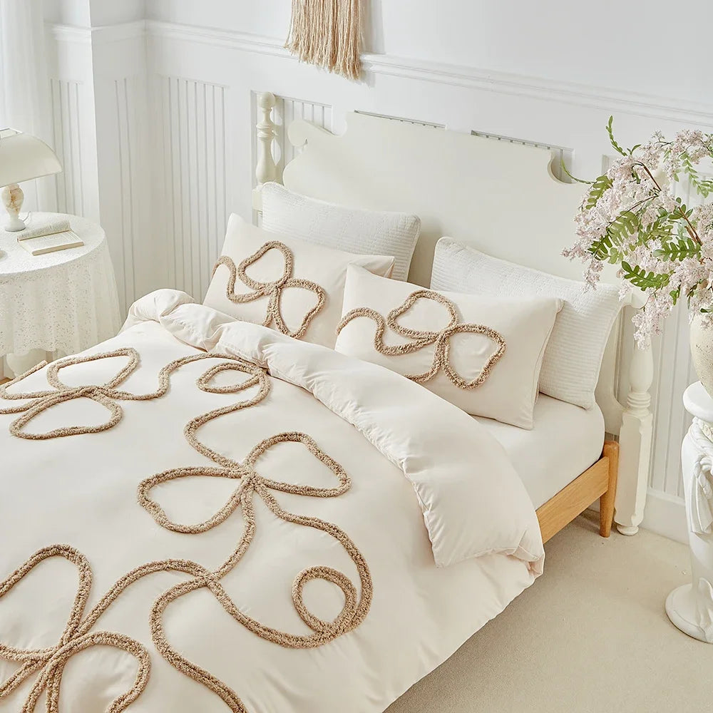 New Bow-knot Tufted Cut Flower Quilt Cover Set Queen Tufting Duvet Cover and Pillowcase Comfortable Skin-Friendly Blanket Covers