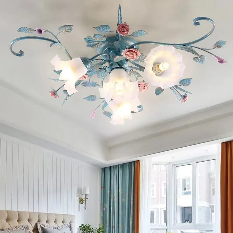 Romantic Rose Flower Ceiling Lamp - Pastoral Style Chandelier