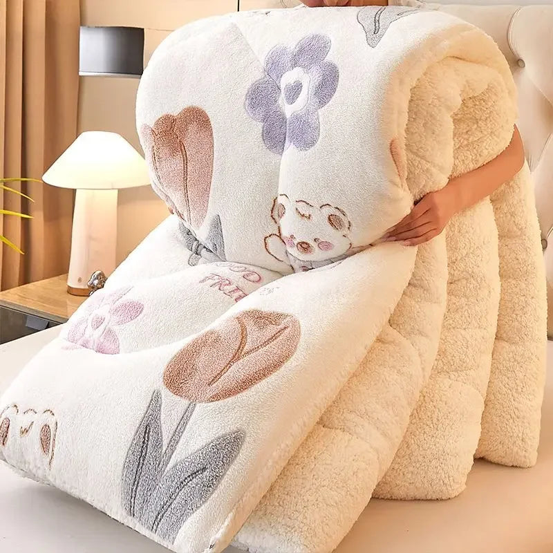 Floral-patterned pillow with soft texture held by a person in a cozy room.