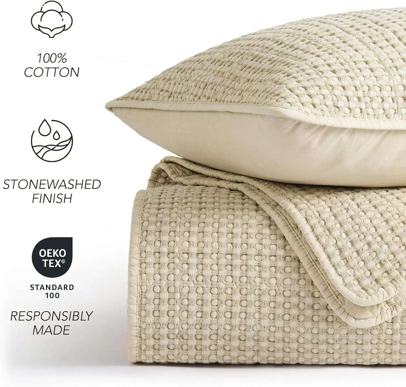 King Size 3-Piece Stonewashed Cotton Waffle Quilt Set, Durable & Lightweight for All Seasons with Box Stitch Design