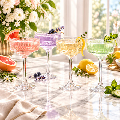 Four elegant clear coupe glasses filled with colorful cocktails arranged on a marble table in a bright indoor setting. The drinks are pink, lavender, pale yellow, and light green, garnished with citrus slices, berries, lavender sprigs, and mint leaves, with flowers and lemons in the background.