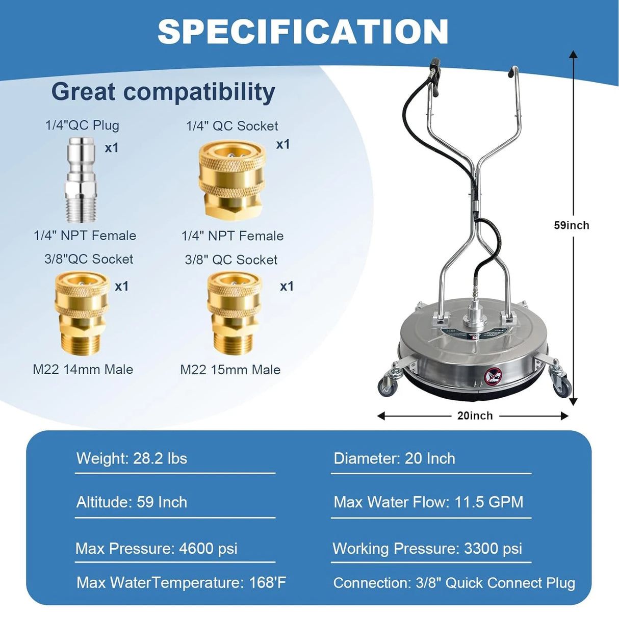 20" 4600 PSI Pressure Washer Surface Cleaner with Dual Handles