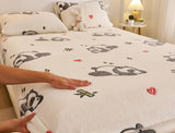 Bedding set with panda design on a bed, featuring antistatic and no lint properties.