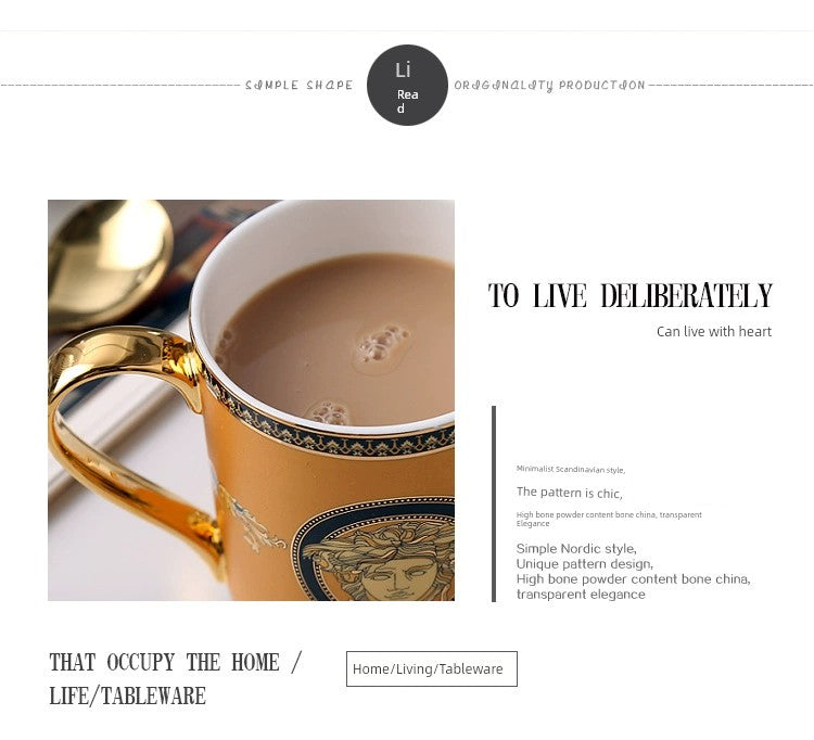 Gold mug with a decorative handle on a white surface, with text overlay.