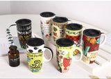 Collection of colorful mugs with various designs on a white surface.