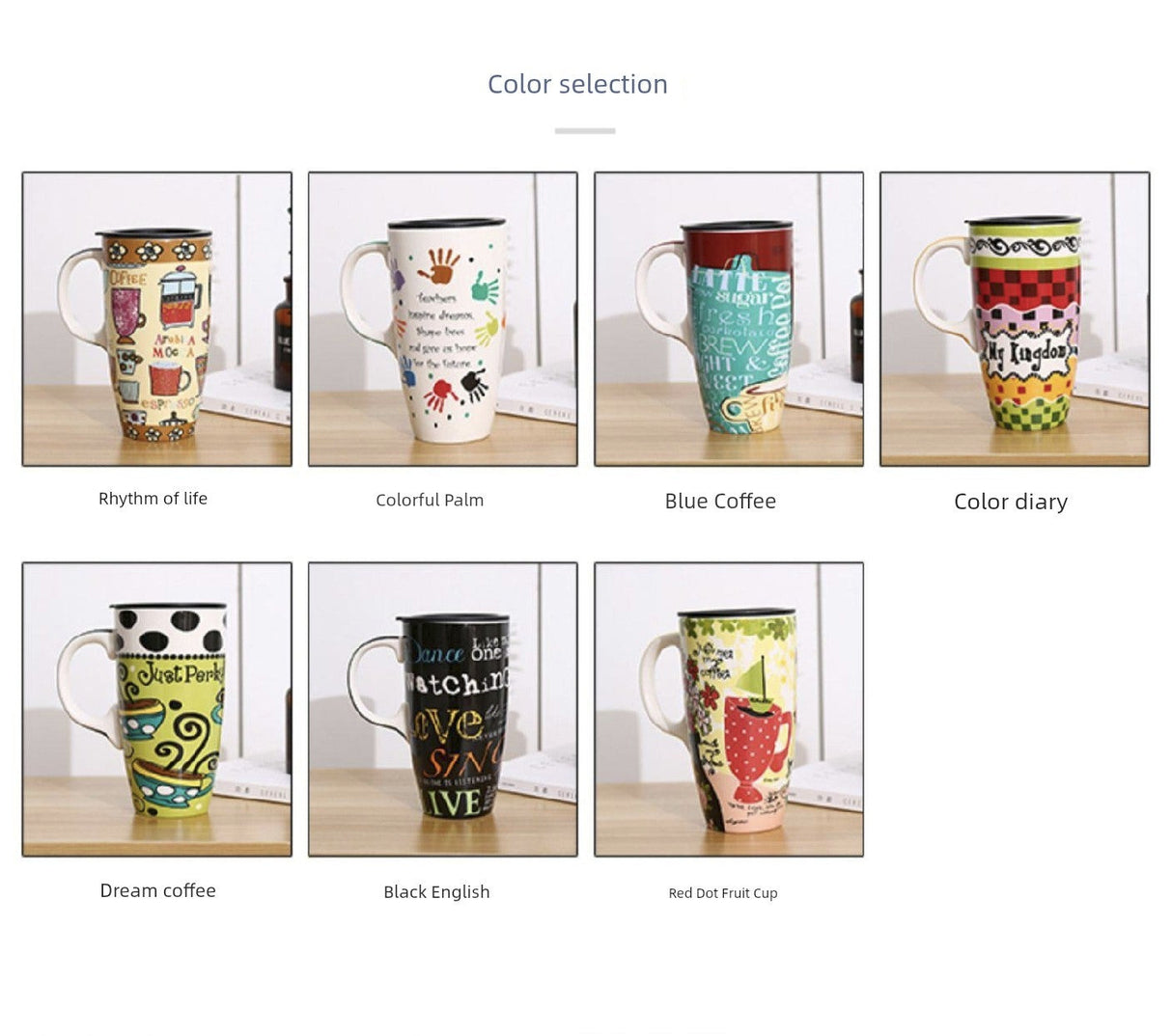 Collection of colorful mugs with various designs on a white surface.
