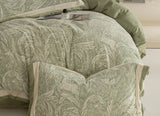 Top: Green patterned bedding set on a bed. Bottom: Pink bedding set with 'Vienna-Pink' label on a plain wall.