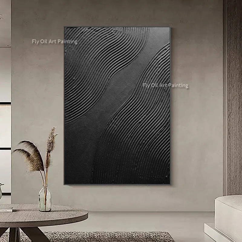 Large Special Artwork Abstract Pure Black Texture Thick Oil Painting Handmade New Design Knife Thick Canvas Wall Art Decor