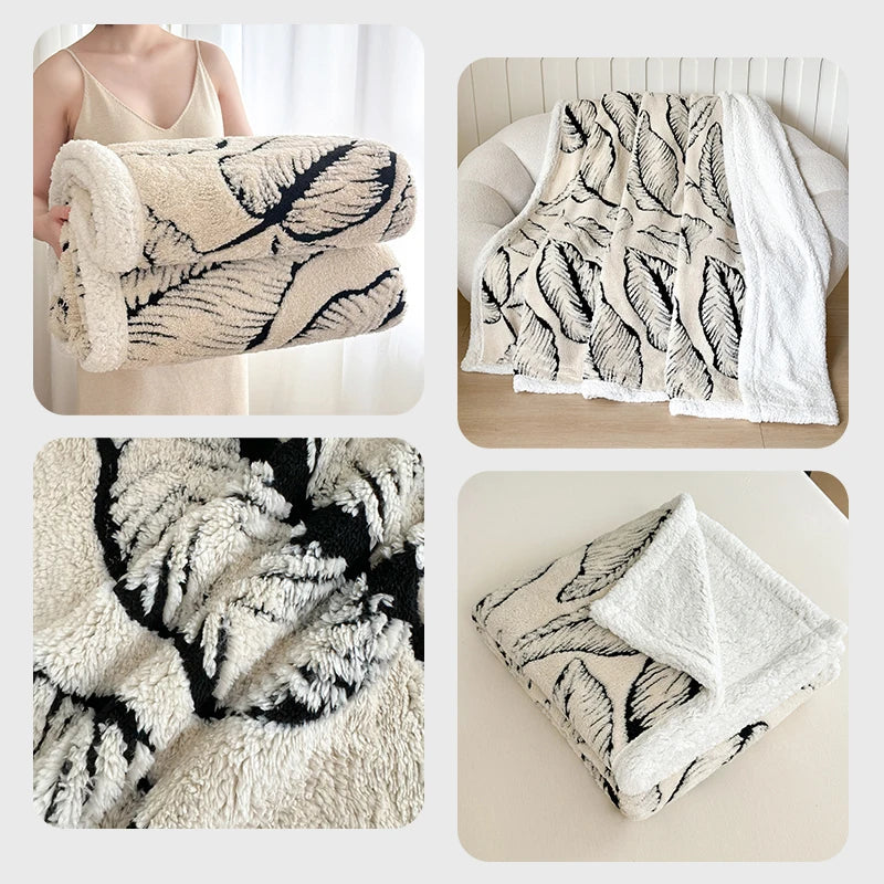 Super Thick Blanket for Winter Warm Lamb Fleece Plaids for Sofa Single/Queen/King Leaves Printed Bedspread Winter Thow Blanket Julia M LifeStyles