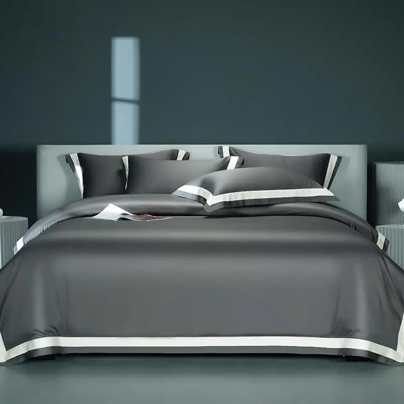 Premium 1400TC Egyptian Cotton Smooth Soft Bedding Set Chic White Grey Patchwork Duvet Cover Flat/Fitted Bed Sheet Pillowcases