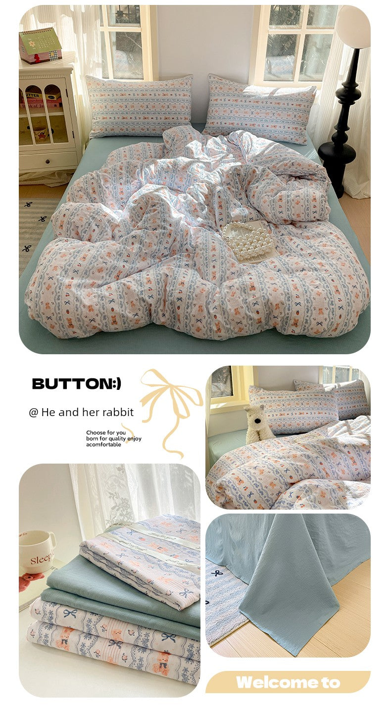 Young Adult Heart Double-Layer Yarn Bedding Four-Piece Set Washed Cotton Duvet Cover Dormitory Bed Single Student Three-Piece Set 4 Julia M LifeStyles