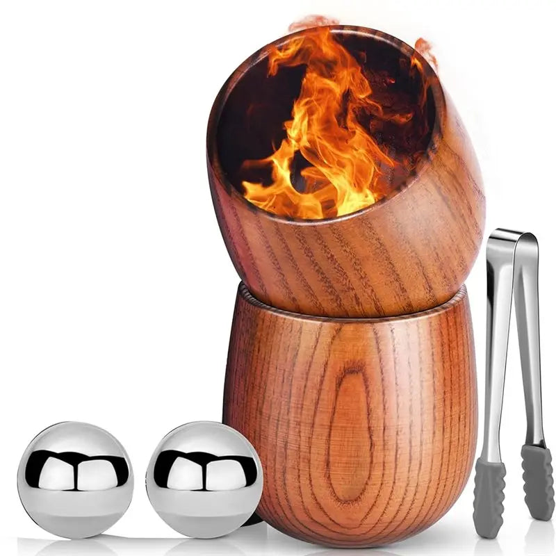 Charred Wooden Whiskey Glass Set with Stones & Tongs
