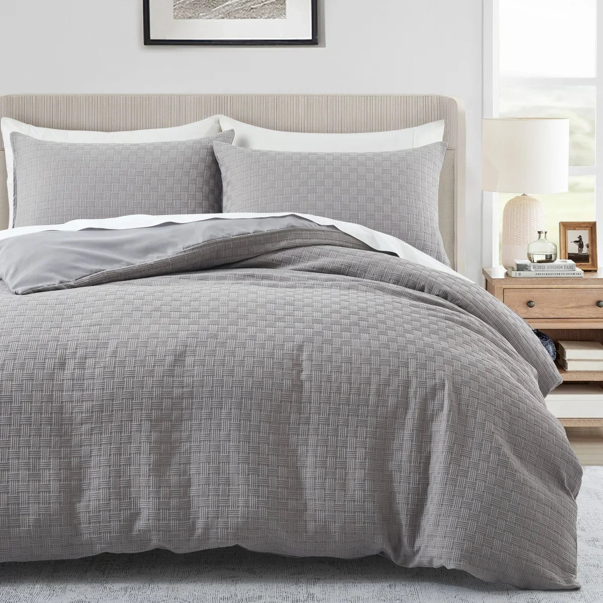 White Duvet Cover King Size - 2/3 Pieces Soft and Breathable Microfiber Knitted Jacquard Waffle Weave Striped Comforter Cover