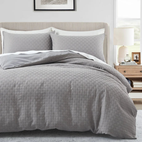 White Duvet Cover King Size - 2/3 Pieces Soft and Breathable Microfiber Knitted Jacquard Waffle Weave Striped Comforter Cover