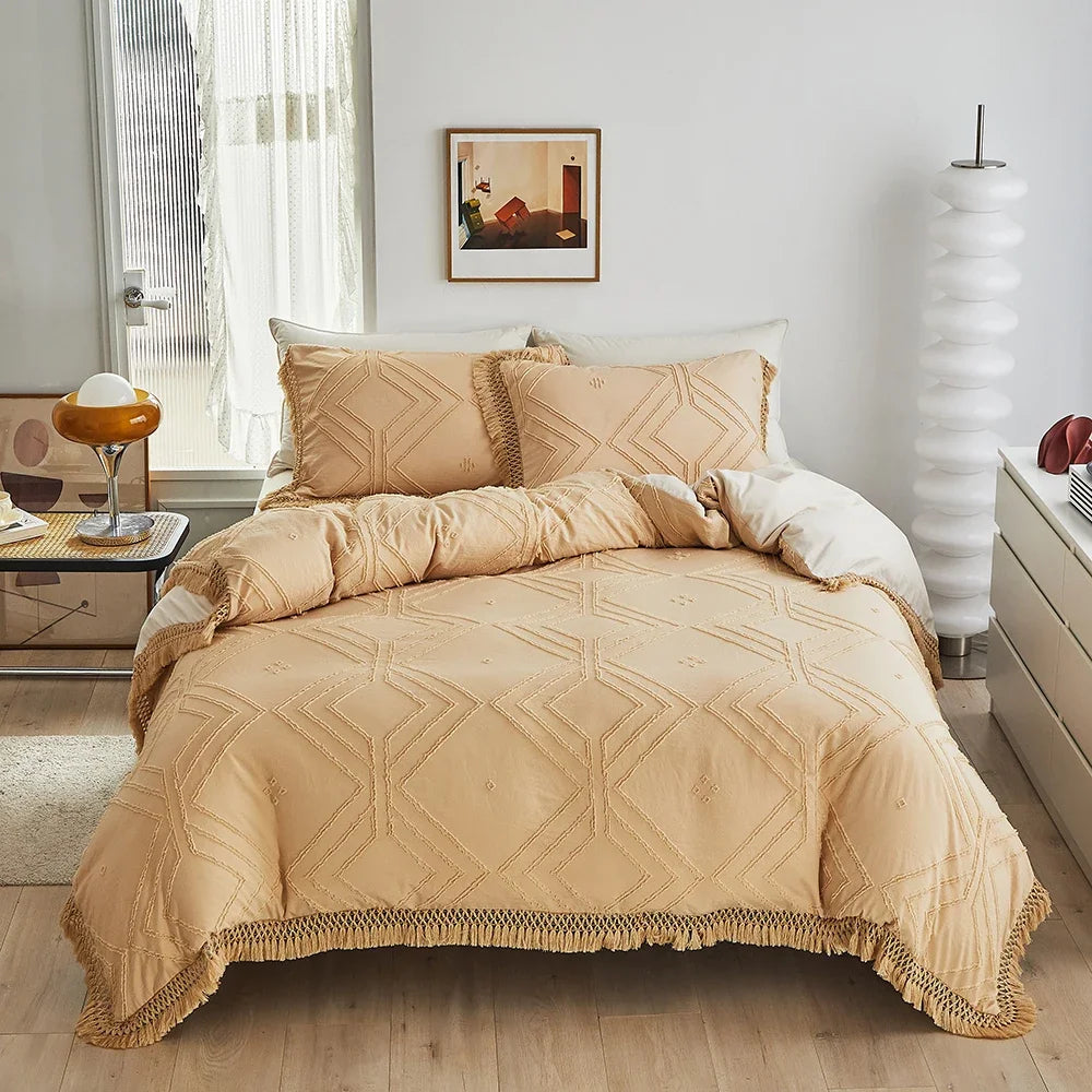 Bohemia Wavy Cut Flowers with Tassel Duvet Cover Set Single Double Boho Bedding Set Queen Soft Grace Quilt Cover and Pillowcases