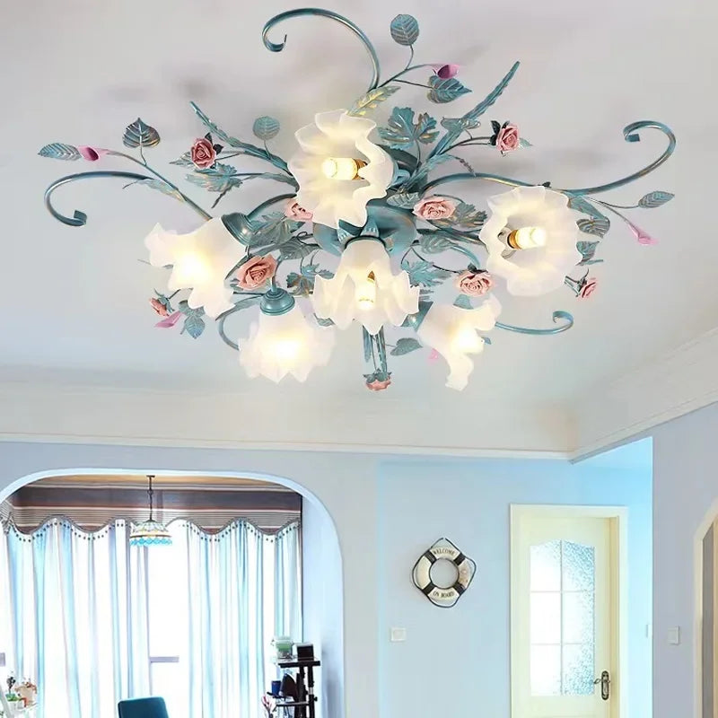 Romantic Rose Flower Ceiling Lamp - Pastoral Style Chandelier