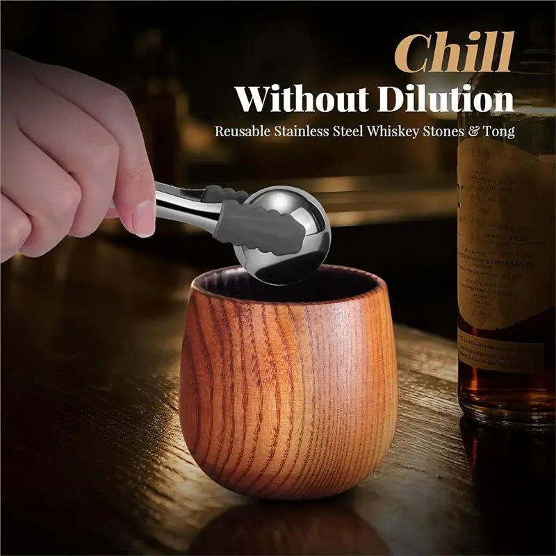 Charred Wooden Whiskey Glass Set with Stones & Tongs