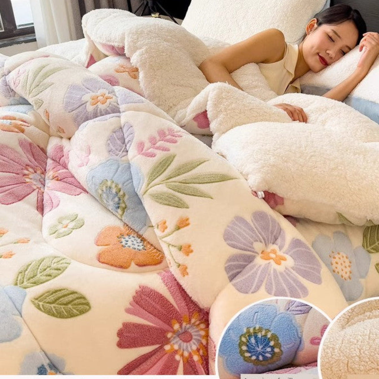 Woman lying on a floral-patterned bedspread with embroidered flowers and leaves.