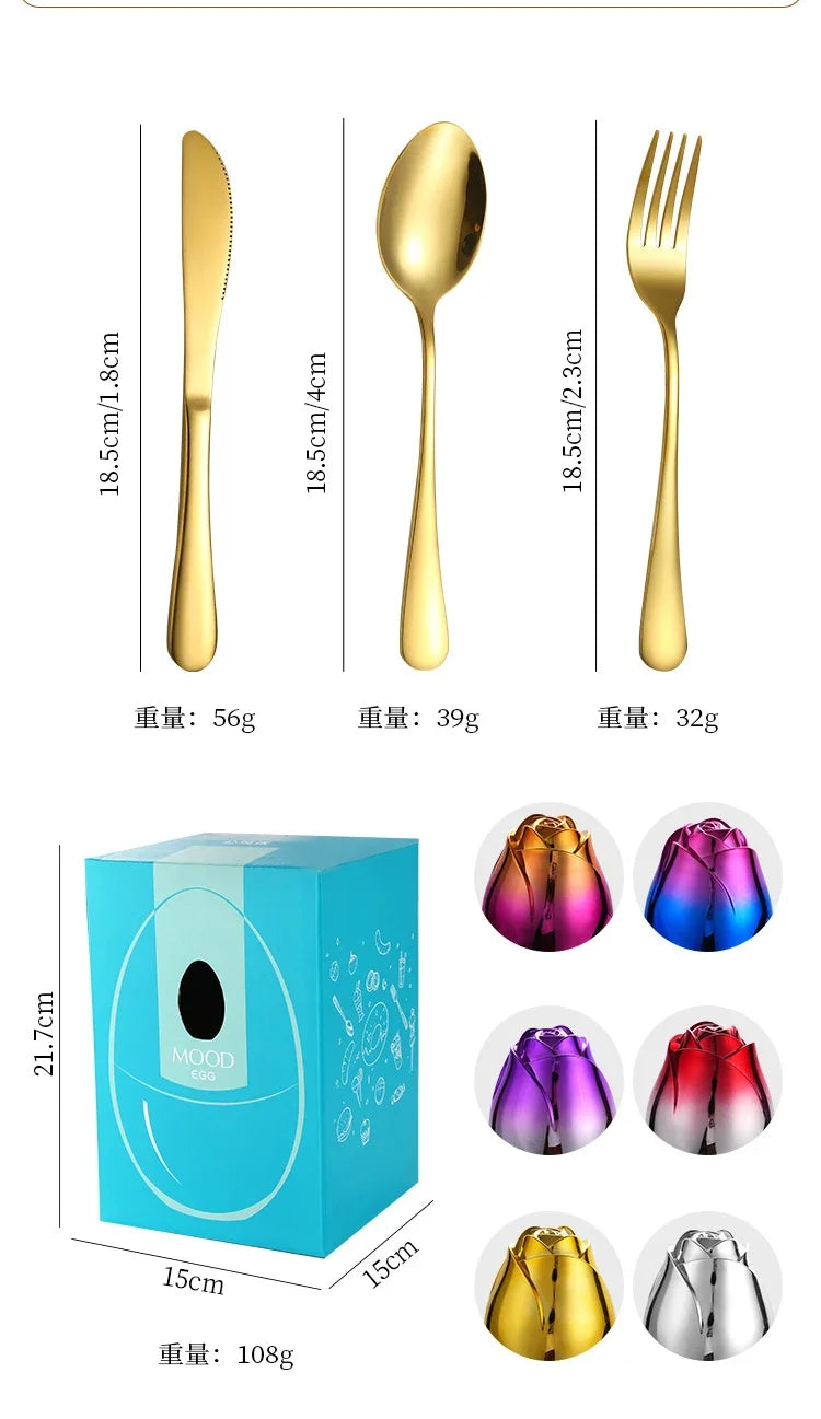 Rose Egg Stainless Steel Fork and Spoon Set with Storage Box