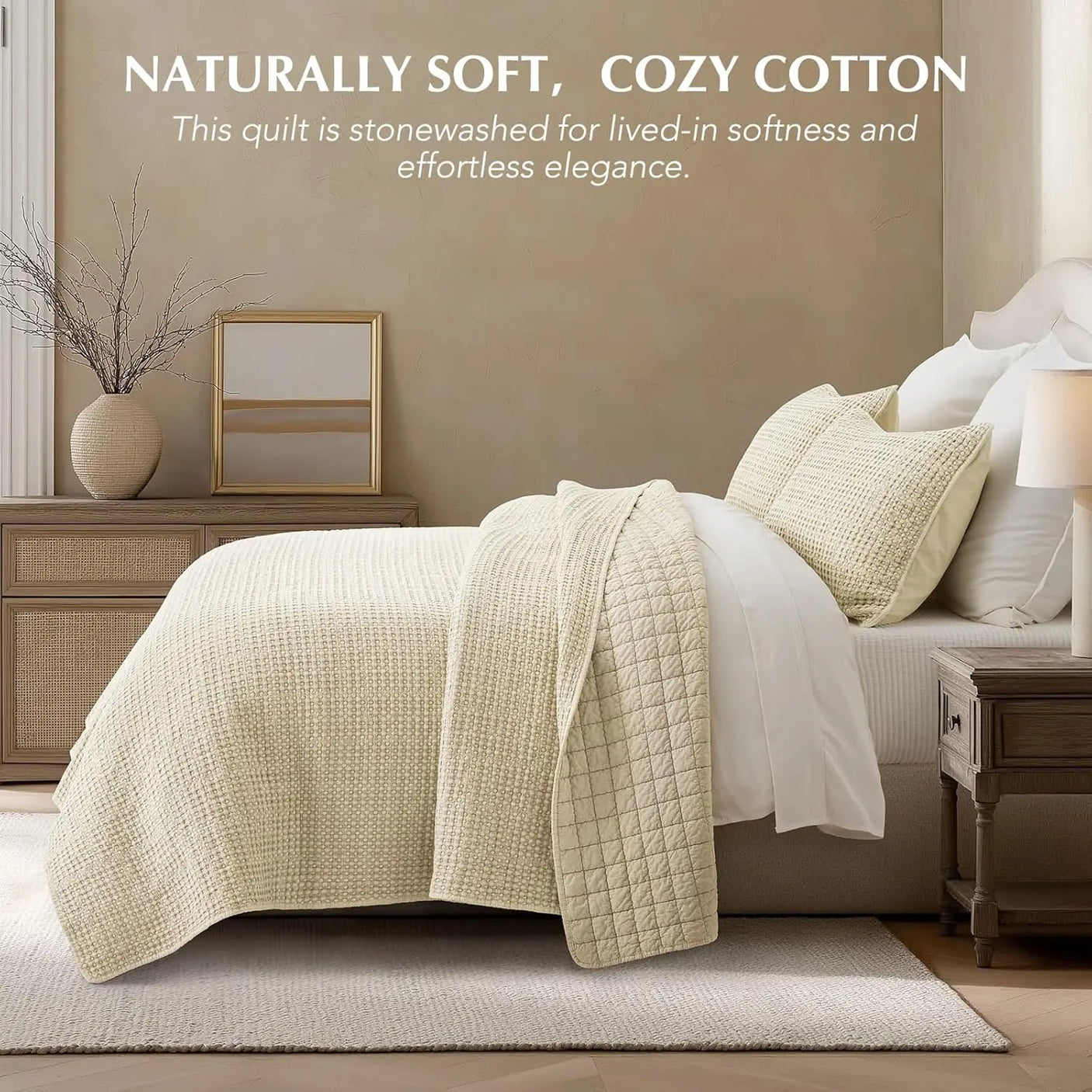 King Size 3-Piece Stonewashed Cotton Waffle Quilt Set, Durable & Lightweight for All Seasons with Box Stitch Design
