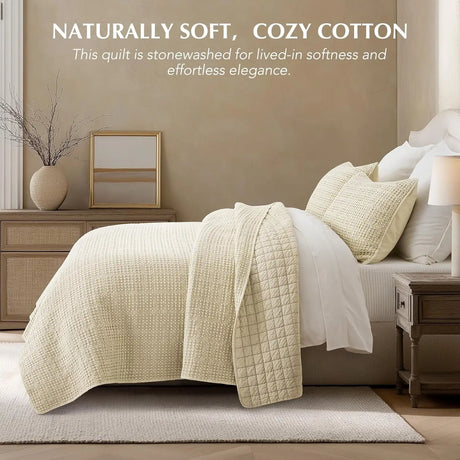 King Size 3-Piece Stonewashed Cotton Waffle Quilt Set, Durable & Lightweight for All Seasons with Box Stitch Design