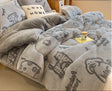 Fluffy gray bedding set with animal patterns on a bed, featuring a 'Rapid delivery' label.
