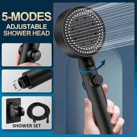 Shower Head Water Saving Black 5 Mode Adjustable High Pressure Shower - One-key Stop Water Massage - Julia M LifeStyles