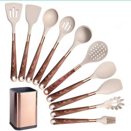 Silicone Kitchen Utensils Set - Heat Resistant, Non-stick, Rose Gold Plated Handles - Julia M LifeStyles