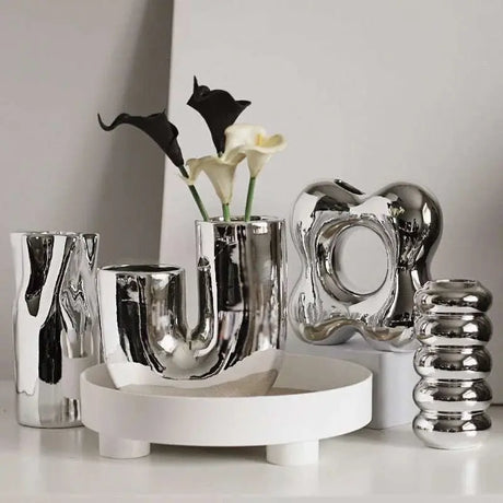 Silver plating Ceramic Vase Nordic home decoration Flower shape Vases for flowers Living room TV cabinet table decor florero - Julia M LifeStyles