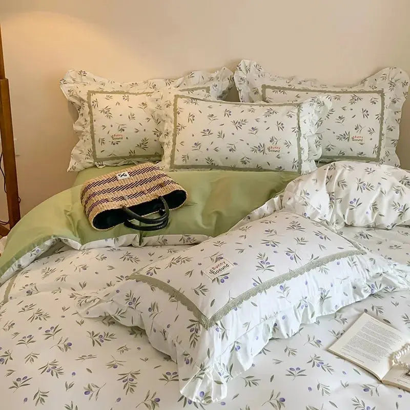 100% Cotton Spring Garden Flowers Botanical Chic Ruffles Soft Comfortable Double Queen (1Duvet Cover+1Bed Sheet+2Pillowcases) - Julia M LifeStyles