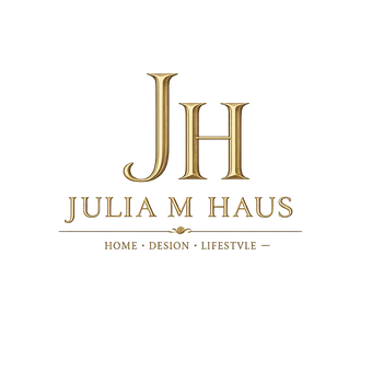 A gold-toned logo featuring the initials 'JH' above the text 'JULIA M HAUS' and the tagline 'HOME • DESIGN • LIFESTYLE', centered on a plain white background.