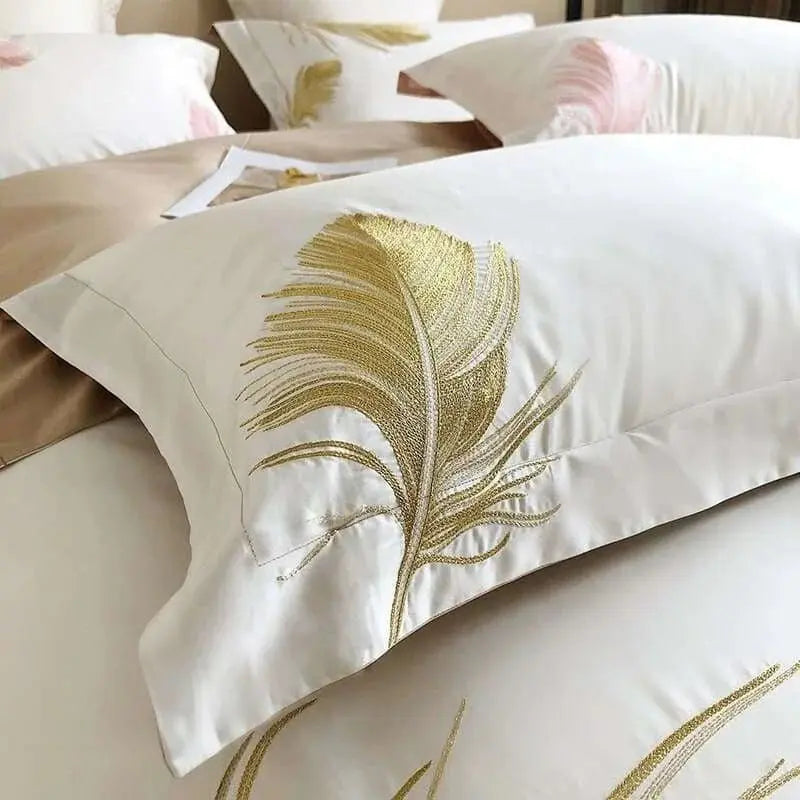 White 1000TC Egyptian Cotton Gold Feather Embroidery Luxury Bedding Set Quilt/Duvet Cover Set Bed Linen Pillow Shams Bedclothes - Julia M LifeStyles