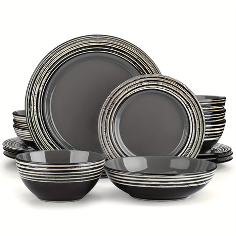 16-Piece Premium Stoneware Dinnerware Set - Elegant Bark Glaze, Scratch-Resistant & Dishwasher Safe - Modern Grey, Perfect for everyday Home Dining and Family of 4