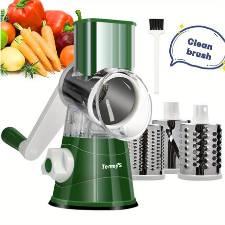 Rotary Cheese Grater and Vegetable Slicer - Kitchen Mandoline with 3 Interchangeable Blades, Easy-to-Clean for Fruits, Potatoes, Carrots, Nuts